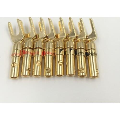 4pcs Free Shipping Nakamichi Brass Gold plated and Silver Plated Y Spade Speaker Plugs Audio Screw Fork Connector Adapter