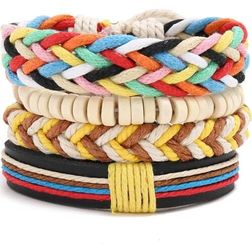 4PCS/Set Multicolor Rope Braided Bracelet Bangle Set For Man Woman Adjustable Wood Bead Leather Wristband Jewelry Gift Wholesale