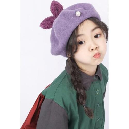2020 New Cute Kids Cat Ear Woolen Beret Hat Solid Autumn Hat Winter Cap Spring Outdoor Beret Hat Rabbit Beret Cap