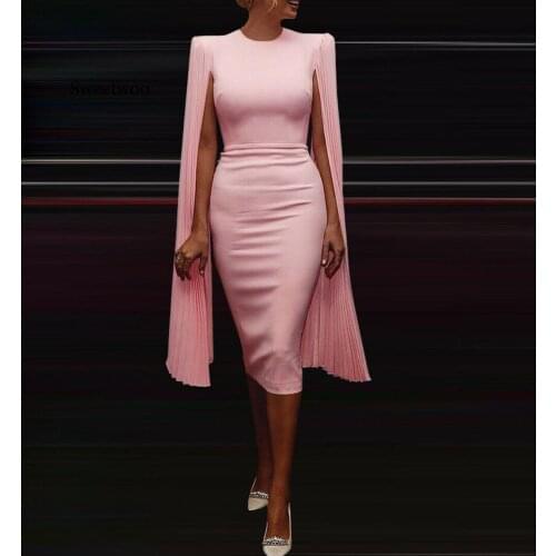 Elegant Fashion Women Summer Pleated Shawl Bandage Bodycon Casual Sleeve Evening Party Club Midi Pencil Dress Blue Black Pink