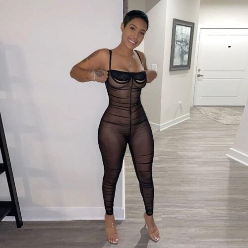 BKLD Club Outfits For Women 2021 Summer New Fashion Sexy Mesh See-Through Spaghetti Strap Stacked Leggings Bodycon Jumpsuits
