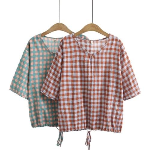 Summer Blouse Women Clothes 2021 Casual Plus Size Tops Vintage Plaid Short Sleeve Shirt Camiseta Mujer Middle Aged