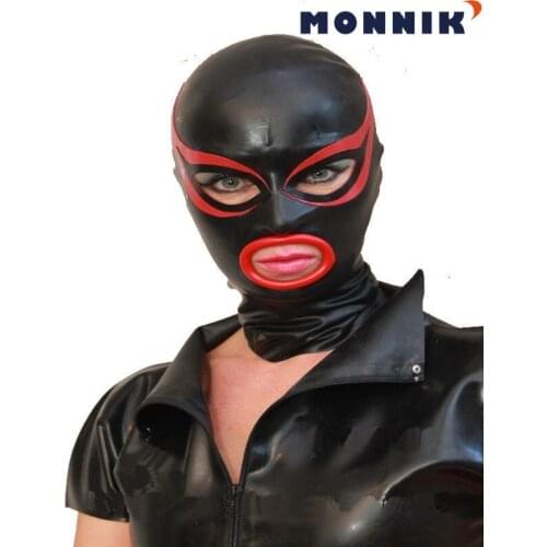 MONNIK latex Latex mask Sexy Black Latex Hood Mask with Red Edge Rubber Unisex Mask Cosplay Club Wear