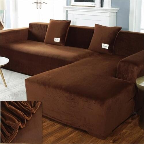 Plush velvet L-shaped elastic sofa furniture cover, 1/2/3/4 seat, stretch cover for living room