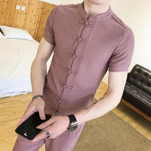 Chinese Shirts Mens Pink Chinese Style Survetement Homme 2 piece Slim Fit Mandarin Collar Shirts and Pants Casual two Piece Set