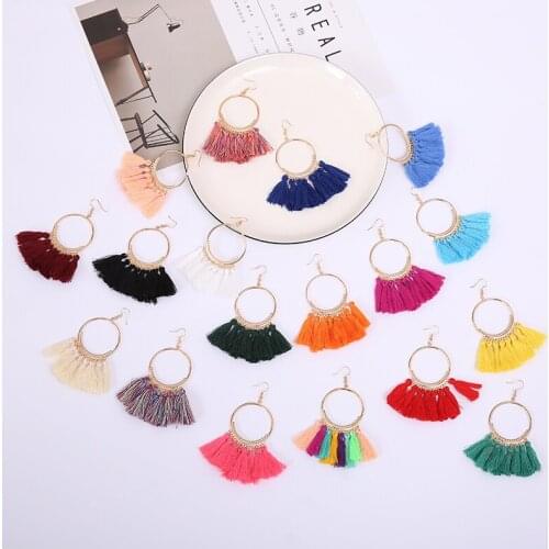 JOUVAL Bohemia Earrings Tassel Drop Earrings For Women Big Circle Ethnic Jewelry Long Dangle Cotton Tassel Fringe Earring Female