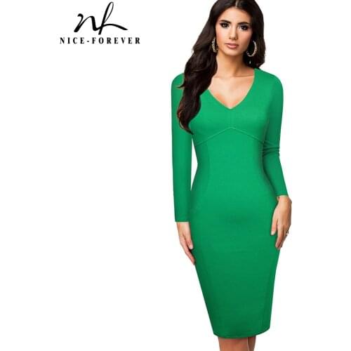 Nice-Forever Autumn Women Elegant Solid Color Office Work Dresses Business Vinatge Bodycon Slim Dress bty446