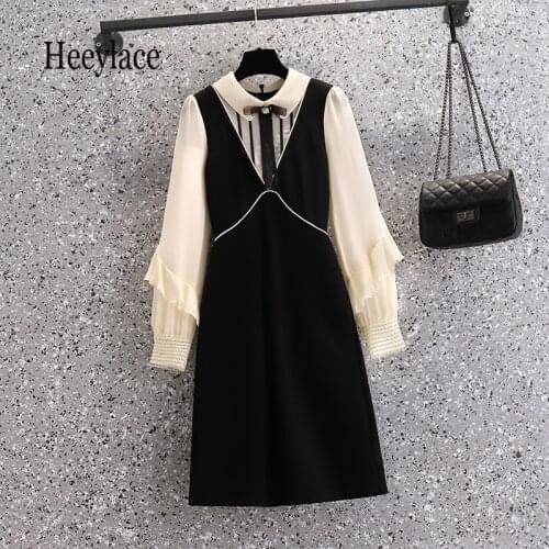 Plus Size Dresses Autumn Ruffles Long Sleeve Patchwork Fake Two Pieces Dresses High Waist Slim Korean Casual Party Robe 4XL