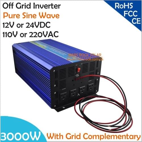 3000W DC12V/24V Off Grid Pure Sine Wave Solar or Wind Inverter, City Electricity Complementary Charging function with LCD Screen