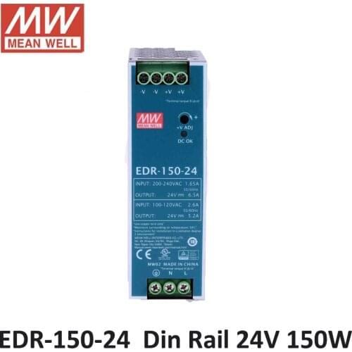 Mean Well 156W 6.5A/230VAC 125W 5.2A/115VAC Meanwell EDR-150-24 Mini size Industrial DIN Rail Power Supply