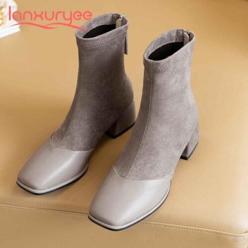 Lanxuryee Chelsea boots real cow leather flock mixed cloth big size square toe thick med heel back zipper mature ankle boots L31