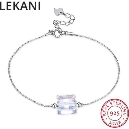 LEKANI Genuine Crystals From SWAROVSKI 925 Silver Square Beads Charm Bracelets Bangles For Women Chain Accessories Fine Jewelry