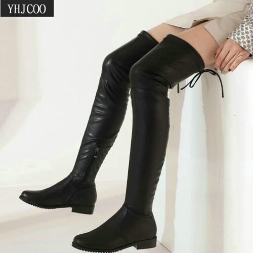 Elastic Flock Slim Fit Suede Long Boots Over the Knee Fashion Sexy Slim Thighs Women Black Boots Comfort Low Square Size 43