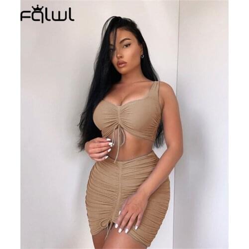 FQLWL Summer Print Bodycon 2 Two Piece Set Women Skirt 2021 Sleeveless Crop Top Drawstring Mini Skirts Black Casual Matching Set