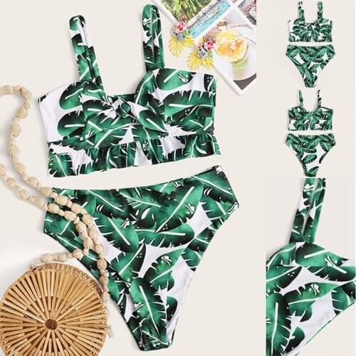 Hot kf-Womens Leaf Print Double-Sided Fabric Bikini Sexy High Waist Small Fresh Swimsuit Green