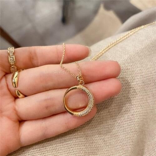 Copper plated gold microinlaid zircon necklace Korean version INS wind circle collarbone chain East door pendant necklace