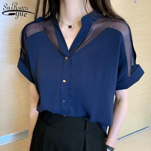 Fashion V-neck White Shirt Casual Women Clothing Solid Short Sleeve Mesh Tops Blusas Mujer De Moda 2021 Office Lady Blouse 9635