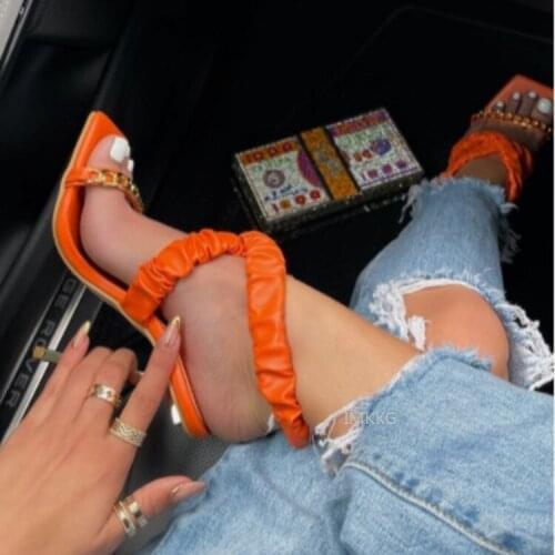 Fashion Pleated Design Women Sandals Ins Eelgant Thin High Heels Cross Strap Woman Gladiator Sandals Summer Chain Casual Shoe