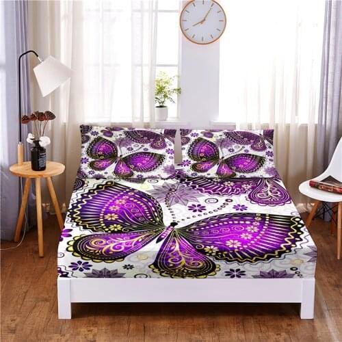 Purple Butterfly Digital Printed 3pc Polyester Fitted Sheet Mattress Cover Four Corners with Elastic Band Bed Sheet Pillowcases