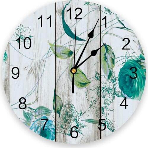 Vintage Wood Textured Green Flowers Clocks Wall Home Decoration Modern Kitchen Teen Room Bedroom Living Room Decor Wall Clock