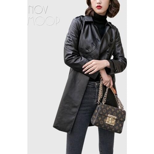 Novmoop genuine leather women trench coat for spring autumn dovetail design oblique placket elegant Gabardina de cuero LT3489
