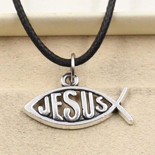 New Durable Black Faux Leather Fish Jesus Cord Choker Charm DIY Necklace Pendant Retro Boho Tibetan Silver Color