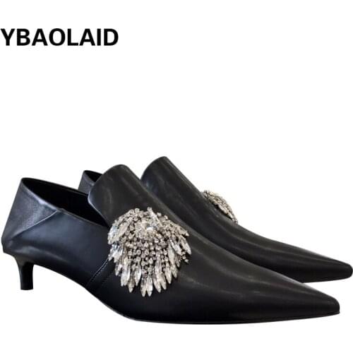Pointed Sun Flower Rhinestone Kitten Heel Catwalk Shoes for Autumn and Winter New Solid Color Deep Mouth Stiletto Heel Shoes