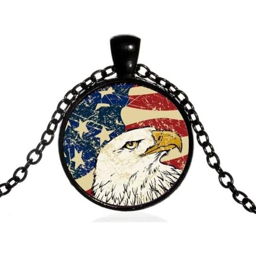 Classic United States American Flag Emblem Bald Eagle Round Glass Pendent Necklace for Women Men Girls Kids Collar Jewelry Gift