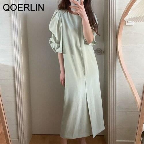 QOERLIN Shirts Dress Women Retro French Puff Sleeve Front Split Straight Dress Gentle Back Zipper Elegant Draped Long Dress Maxi