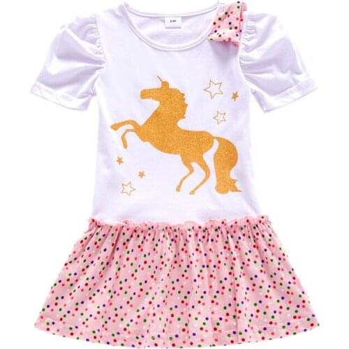 Girl Short-sleeved Unicorn Dress Pony Cartoon Dress Printed Embroidered Cotton Round Neck Dress for Girls Kids Summer Dress
