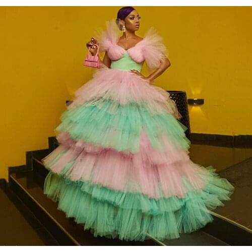 Pink And Mint Green Evening Dresses V-Neck Short Sleeves A-Line Prom Tiered Ruffle Custom Made Formal Party Gowns