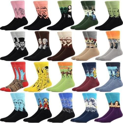 Happy Mens Socks Creative Mona Lisa Van Gogh Figure Design Novel Interesting Cotton Men Business Dress Socks