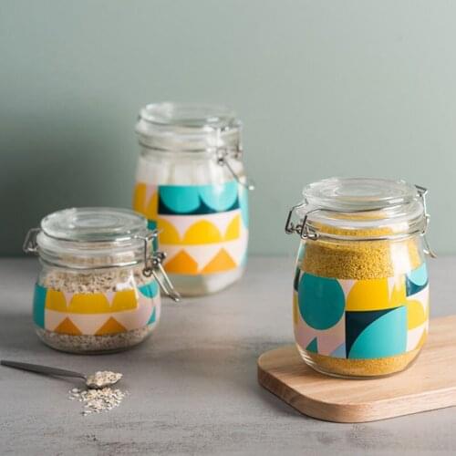 Glass Storage Jar Honey Bottle Printing Kitchen Storage Container Household Food Kimchi Jar Kitchen Seasoning Can