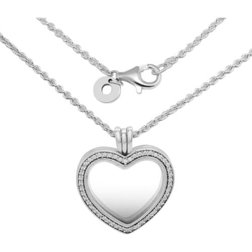 Sparkling Floating Heart Locket Necklace Fits For Beads & Charms DIY Chain Fashion Female Necklace Sterling Silver Jewelry