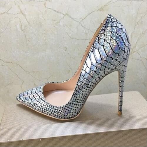 Elegant Silver Snake Print Leather Ladies Pumps Pointed Toe Slip-on High Heels Pumps 12cm Spring Autumn Women Formale Shoes