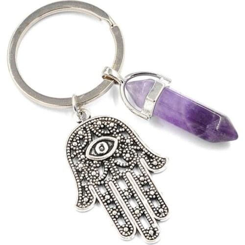 Vintage Silver Demon Eye Amulet Hamsa Fatima Hand Hexago Keychain Ring Charms For Keys Car Bag Key Chains Jewelry Handbag Gift