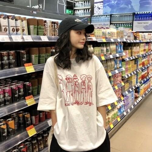 2021 summer new casual loose all-match blouse mid-length character print round neck T-shirt women