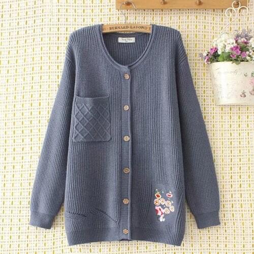 Plus size O neck embroidery pockets women loose Cardigan sweaters 2021 new winter casual ladies solid black knitted jackets tops