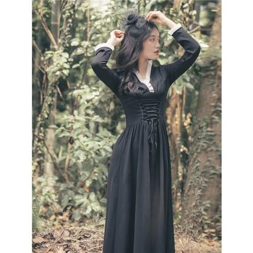 2020 Autumn Winter New Arrival French Princess Style V Collar Collect Waist Woman Long Dress Black