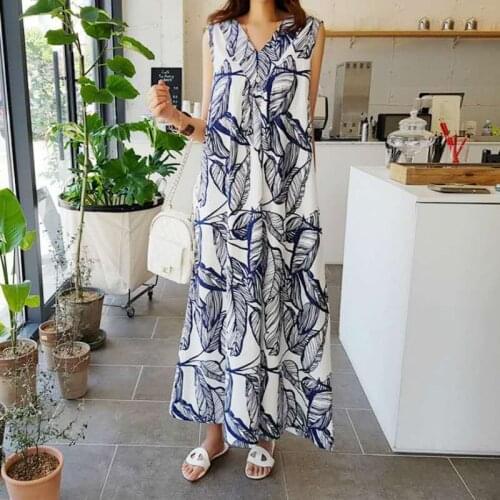Johnature New Koraen Print Loose Women Dresses 2021 Summer V-neck Sleeveless Loose 4 Colors Pockets Female Dress