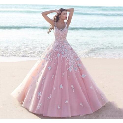 Sexy Pink Evening Dress Long 3D Floral Appliques Ball Gown long Tulle Sweet 16 Girls Celebrity Dress Formal Evening Gown Elegant