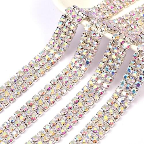 1Yard 3 Rows 2.5mm Crystal AB Rhinestone Chain Silver Claw Sew On Rhinestone Cup Chain Trim For Clothes Bags Decoration D6656