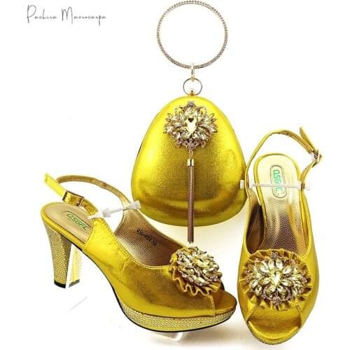 2020 Hot Selling Italian Design Fashion African Nigerian Yellow Color Ladies Shoes and Bag Set Decorated With Rhinestone