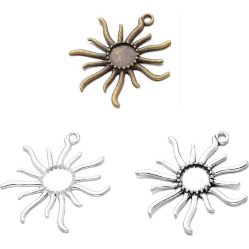 25pcs Vintage Antique Silver 12mm Cabochon Sun Shaped Pendant Blanks Bezel fit 12mm Cameo Cabochon Base Setting