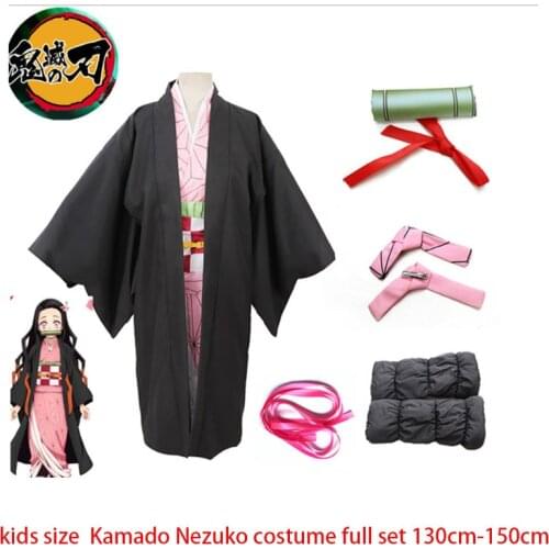 Kids Demon Slayer Kimetsu no Yaiba Kamado Nezuko Cosplay Costume Tanjirou Kimono Headwear Japan Anime Halloween Dress