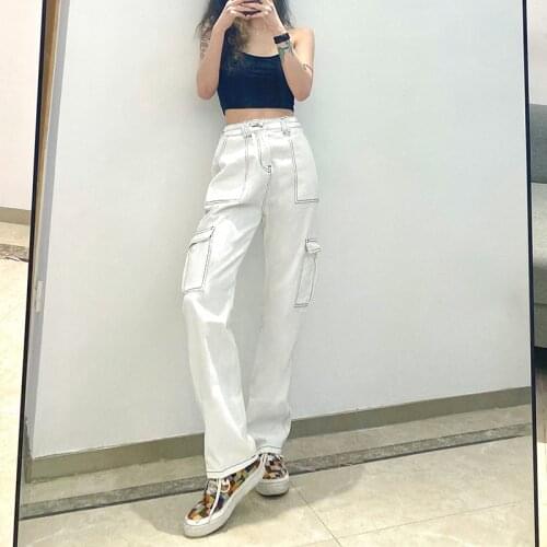 Jeans Vintage Elastic High Waist Denim Pants Women Casual Straight Long Trousers Lady Pocket Patchwork Fashion Jeans Female 2021