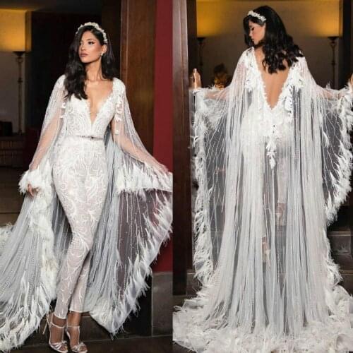 Elegant V Neck Jumpsuit with Wrap Lace Beaded Prom Dress Backless Feather Evening Gowns Plus Size Vestidos Longo