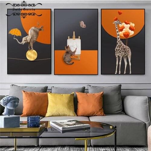Animal Canvas Painting Elephant Giraffe Cat Posters and Prints Nordic Orange Black Wall Art Pictures for Living Room Home Decor