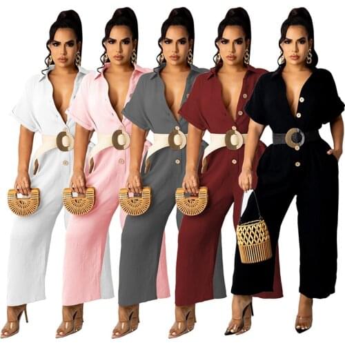 Summer Short Sleeve Button Up Casual Shirt Jumpsuit Sexy V Neck Solid Loose Overalls Wide Leg Slim Romper Streetwear No Belt