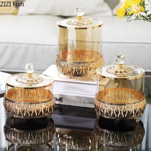 Metal Glass Candy Jar Transparent Glass with Cover Storage Tank Storage Tank Luxury Flowers Living Room Table Vase Decoration